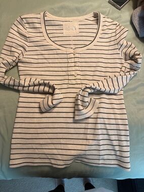 aerie Cream Waffle-Knit Top with Black Stripes